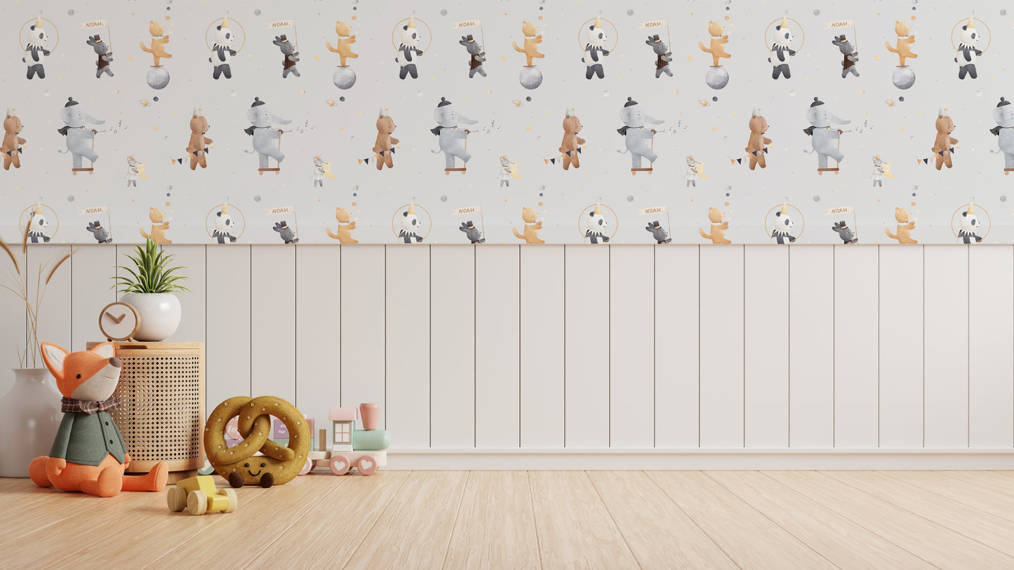 To the Circus - Elephants Cute Cats Mice & Bears Childrens Personalised Wallpaper