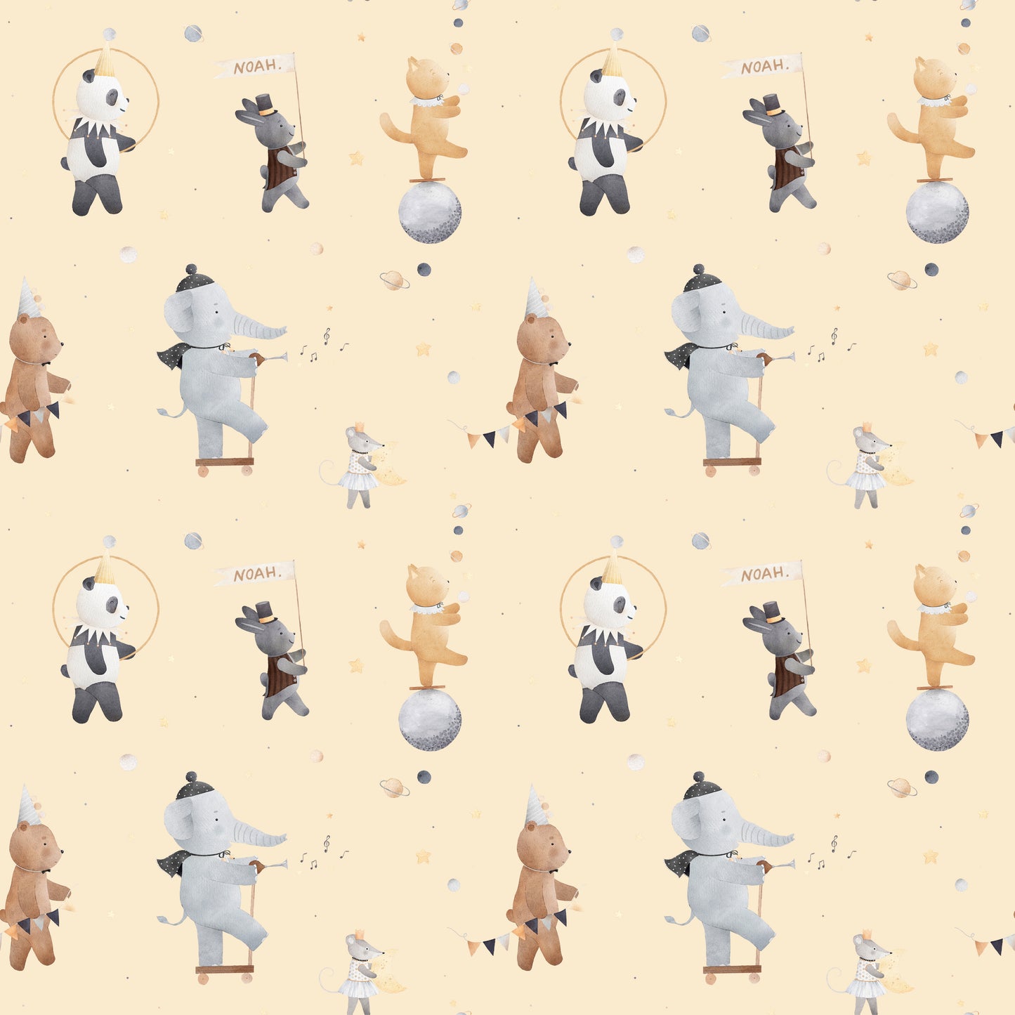 To the Circus - Elephants Cute Cats Mice & Bears Childrens Personalised Wallpaper