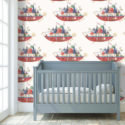 Bedroom idea for Boys and Kids Bedroom Wallpaper Colourful Ships - Bunnies and Flags.