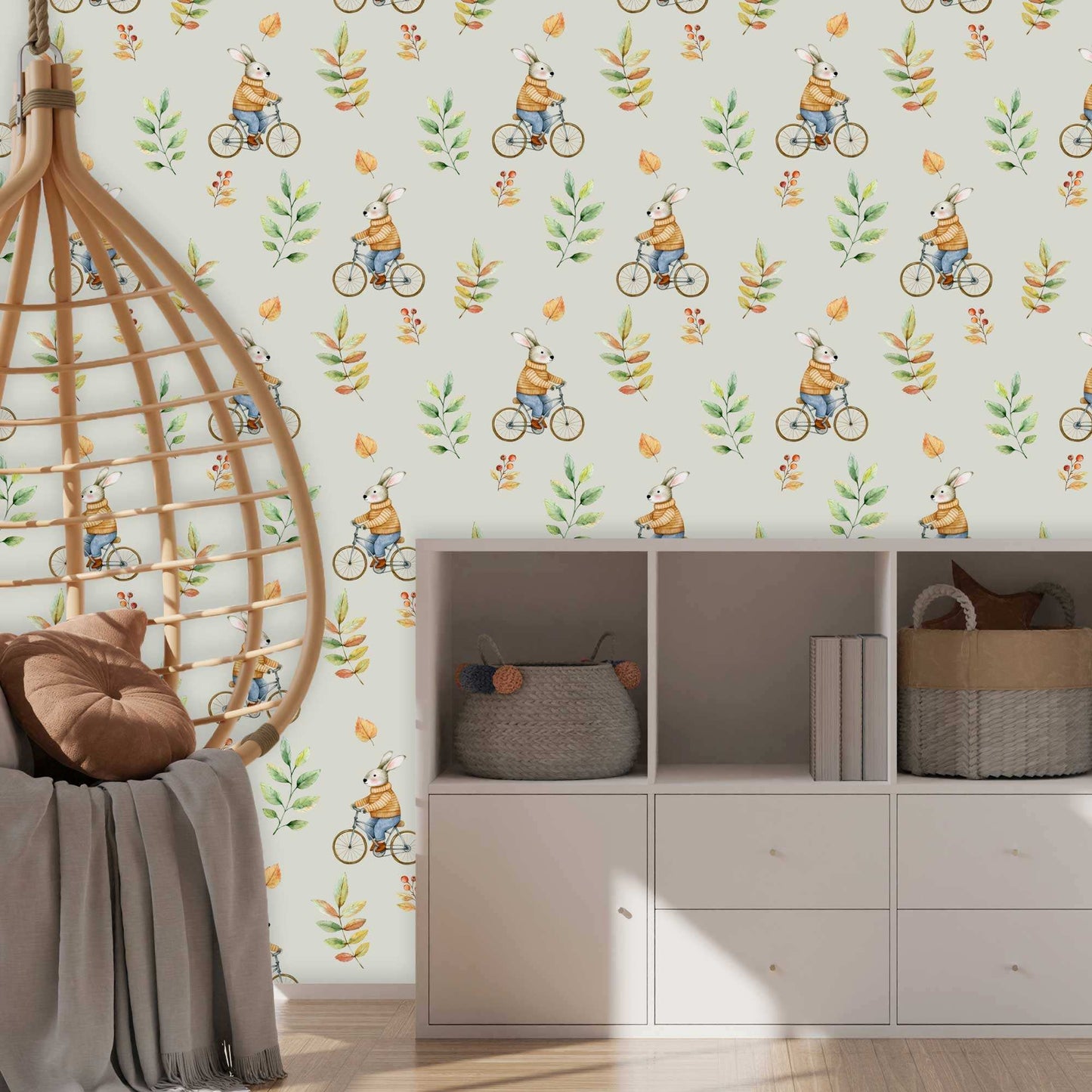 Children's nursery  with vintage-inspired pale grey childrens wallpaper featuring cute, adorable bunnies riding old-fashioned bikes