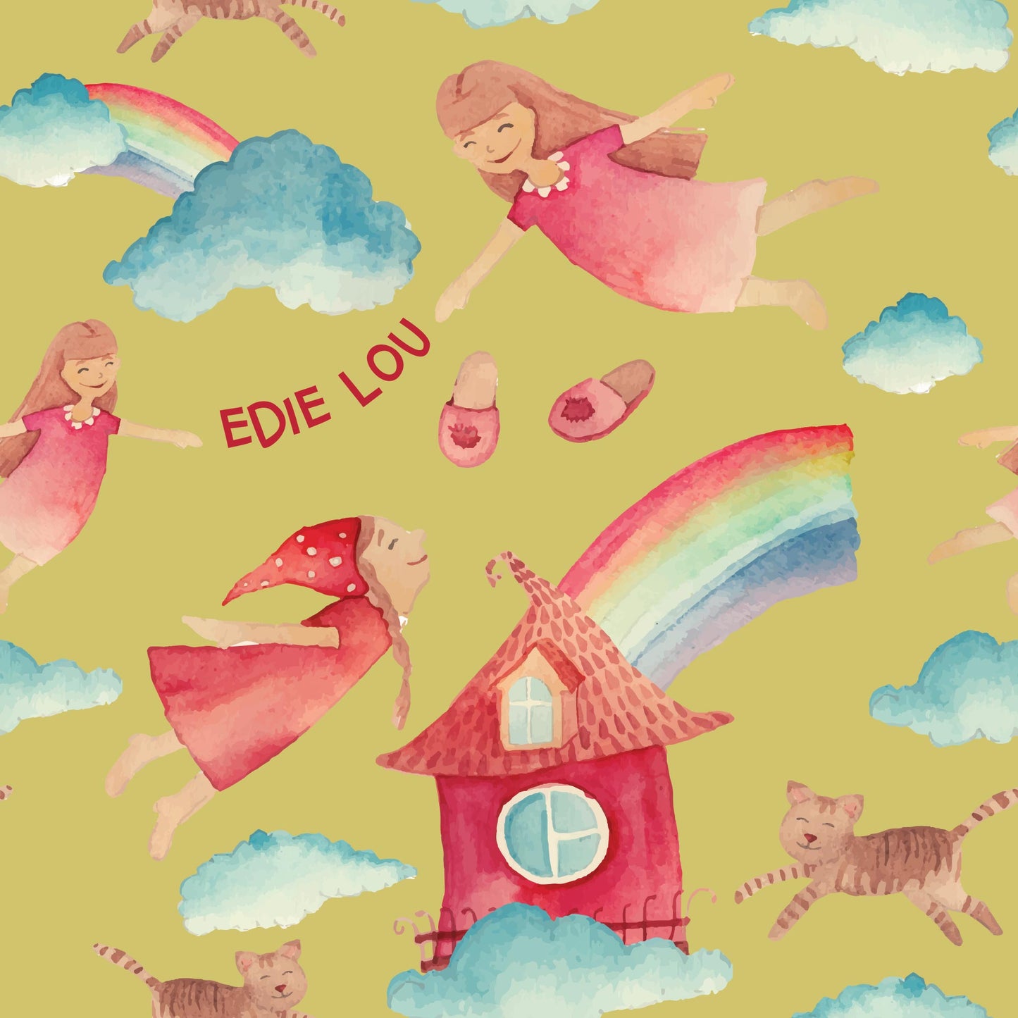 Personalised Childrens Wallpaper - End of the Rainbow with Clouds & Cute Cats