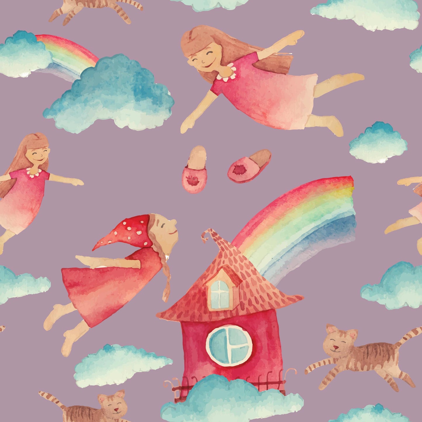 Personalised Childrens Wallpaper - End of the Rainbow with Clouds & Cute Cats