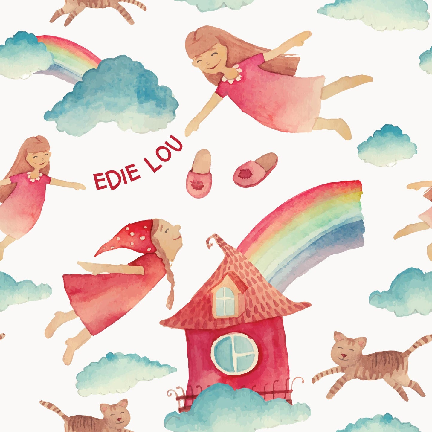 Personalised Childrens Wallpaper - End of the Rainbow with Clouds & Cute Cats