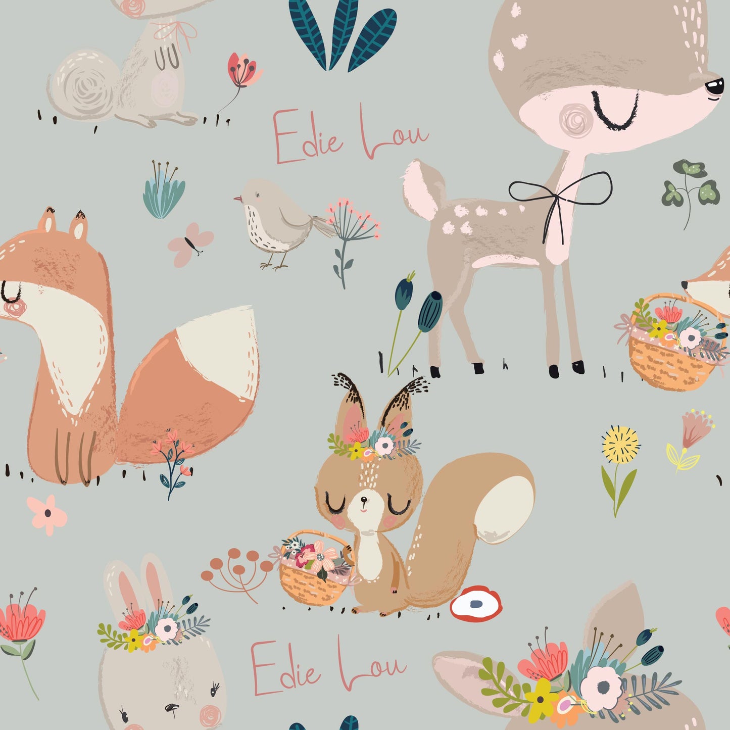 Animals Picnic Time - Luxury Children's Wallpaper Foxes Rabbits Birds