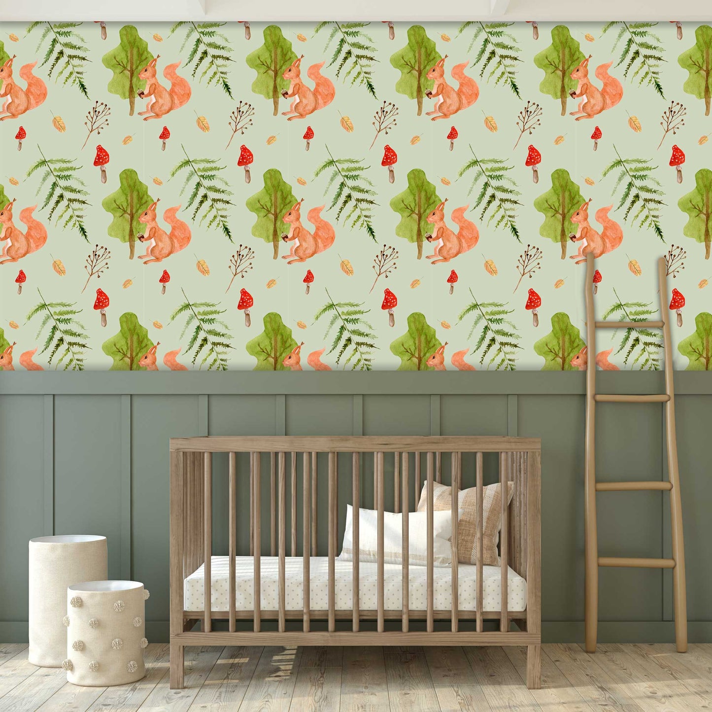 Beautiful Red Squirrel - Forest Leaves - Cute Mushrooms -  Nursery Wallpaper