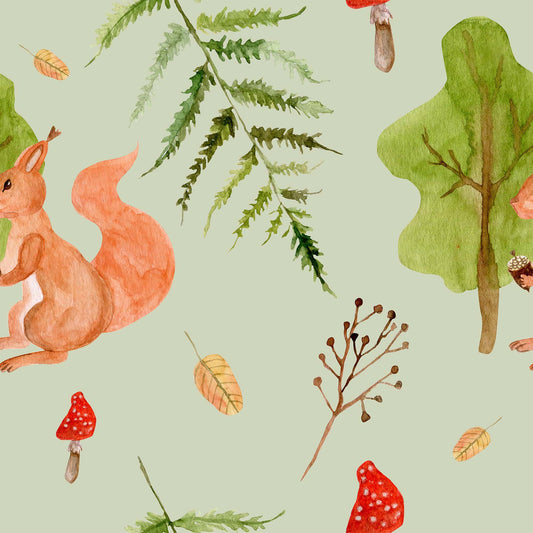 Beautiful Red Squirrel - Forest Leaves - Cute Mushrooms -  Nursery Wallpaper