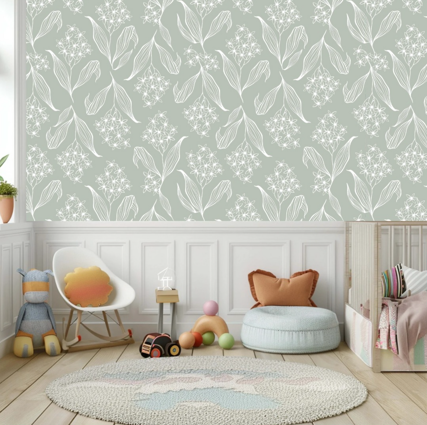 Nursery Green design Babies relaxing nursery wallpaper with flowers in pastel shades