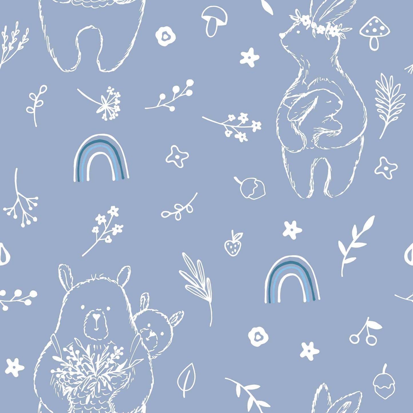 Babies bedroom Wallpaper in Blue with Cute Bears Flowers and Rainbows 