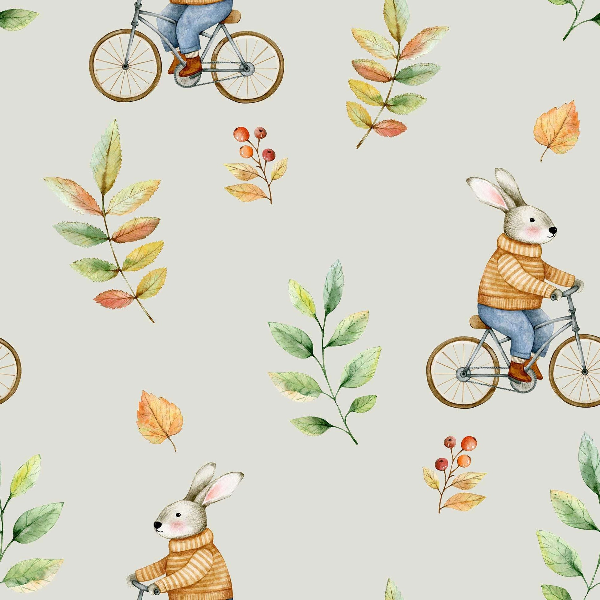 Vintage-inspired pale grey childrens wallpaper featuring cute, adorable bunnies riding old-fashioned bikes 