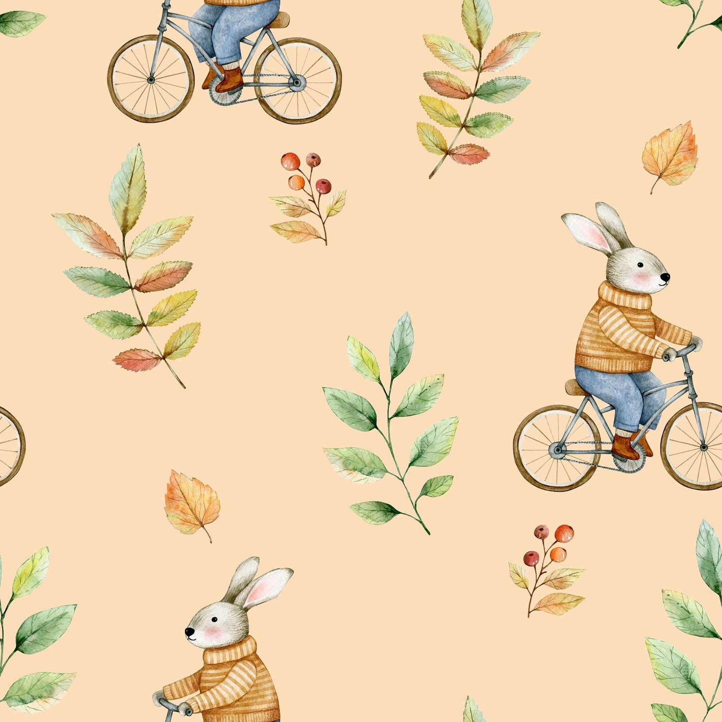 Vintage-inspired apricot childrens wallpaper featuring cute, adorable bunnies riding old-fashioned bikes.