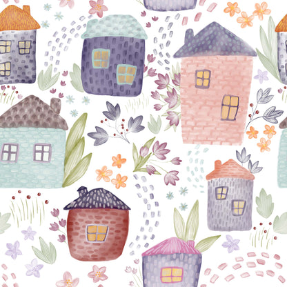 Luxury Childrens Wallpaper - Cute Little Houses Flowers & Leaves