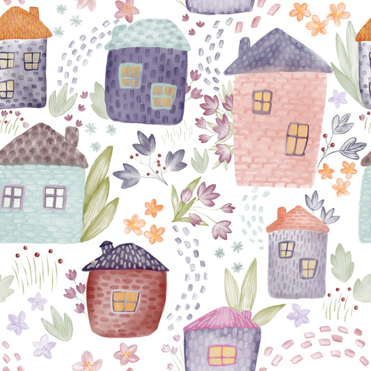 Luxury Childrens Wallpaper - Cute Little Houses Flowers & Leaves