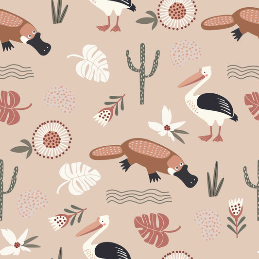 Children's animal wallpaper, kids will love featuring, flamingos, duck-billed platypuses, vibrant leaves, flowers, and cacti bespoked color of pale terracotta 