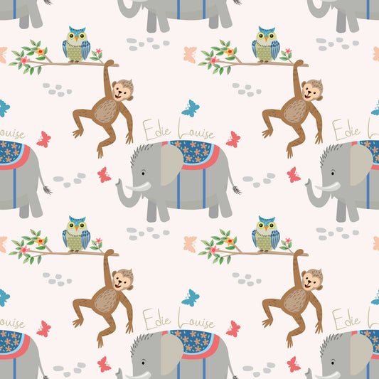 Personalised childrens animal bedroom wallpaper featuring cheeky climbing monkeys, cute owls, adorable baby elephants, butterflies, and flowers, designed with a white backdrop 