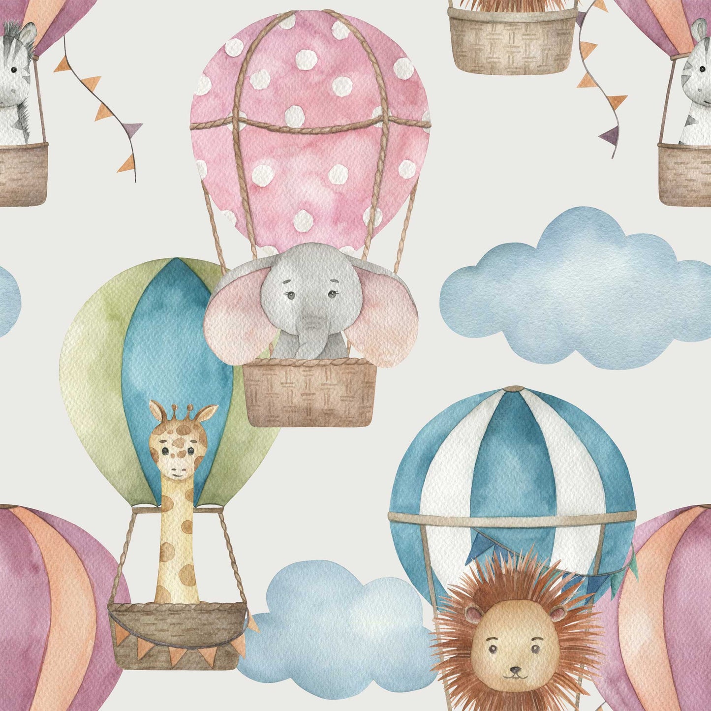 Hot Air Balloons Fluffy Clouds Lions Elephants & Zebras