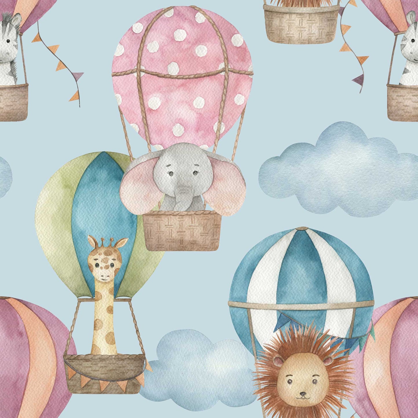 Hot Air Balloons Fluffy Clouds Lions Elephants & Zebras