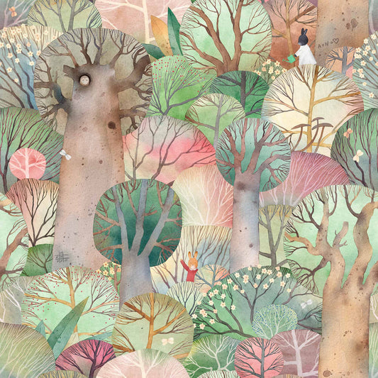 Nursery Luxury Wallpaper Multi colours pinks greys greens bunnies foxes birds and forrest 