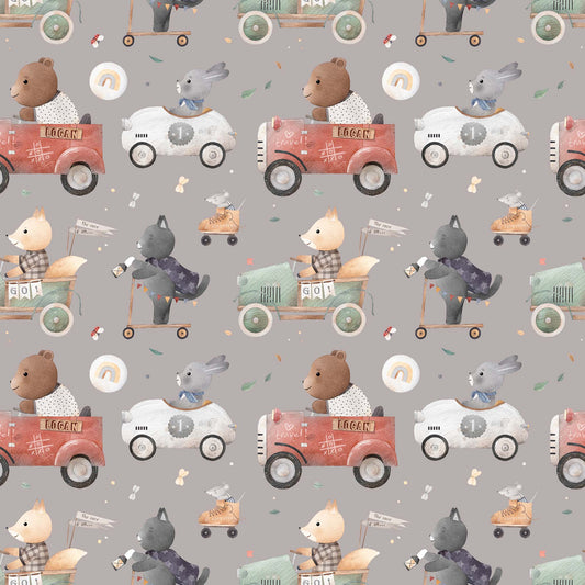 Transform any kids nursery or playroom into a lively racetrack filled with delightful animal friends, racing in cars scooters main background colour grey